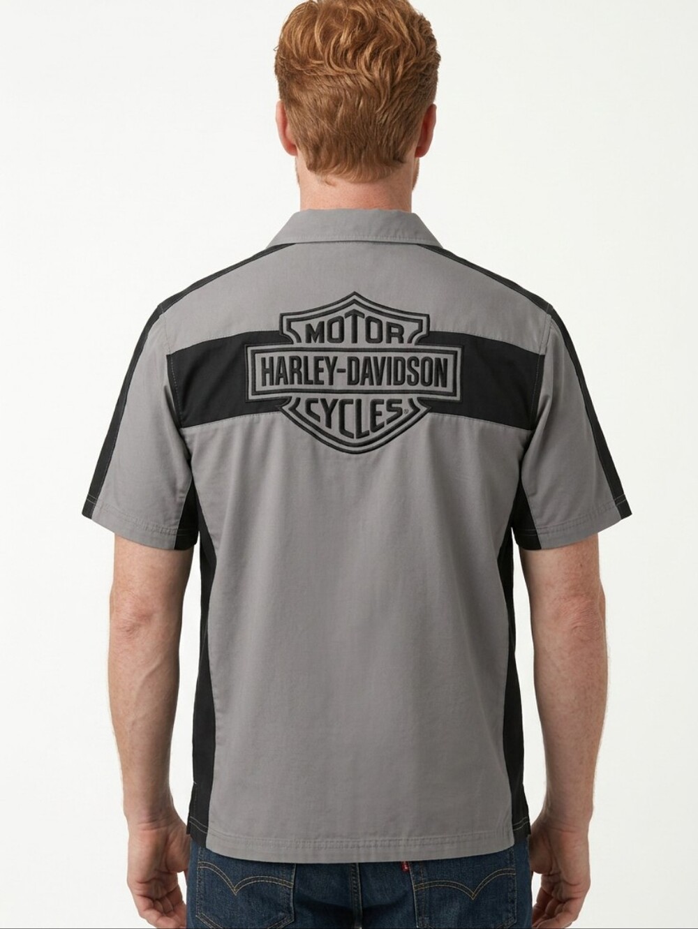 Harley-Davidson Gray Short-Sleeve Button-Up Shirt with Black Panels